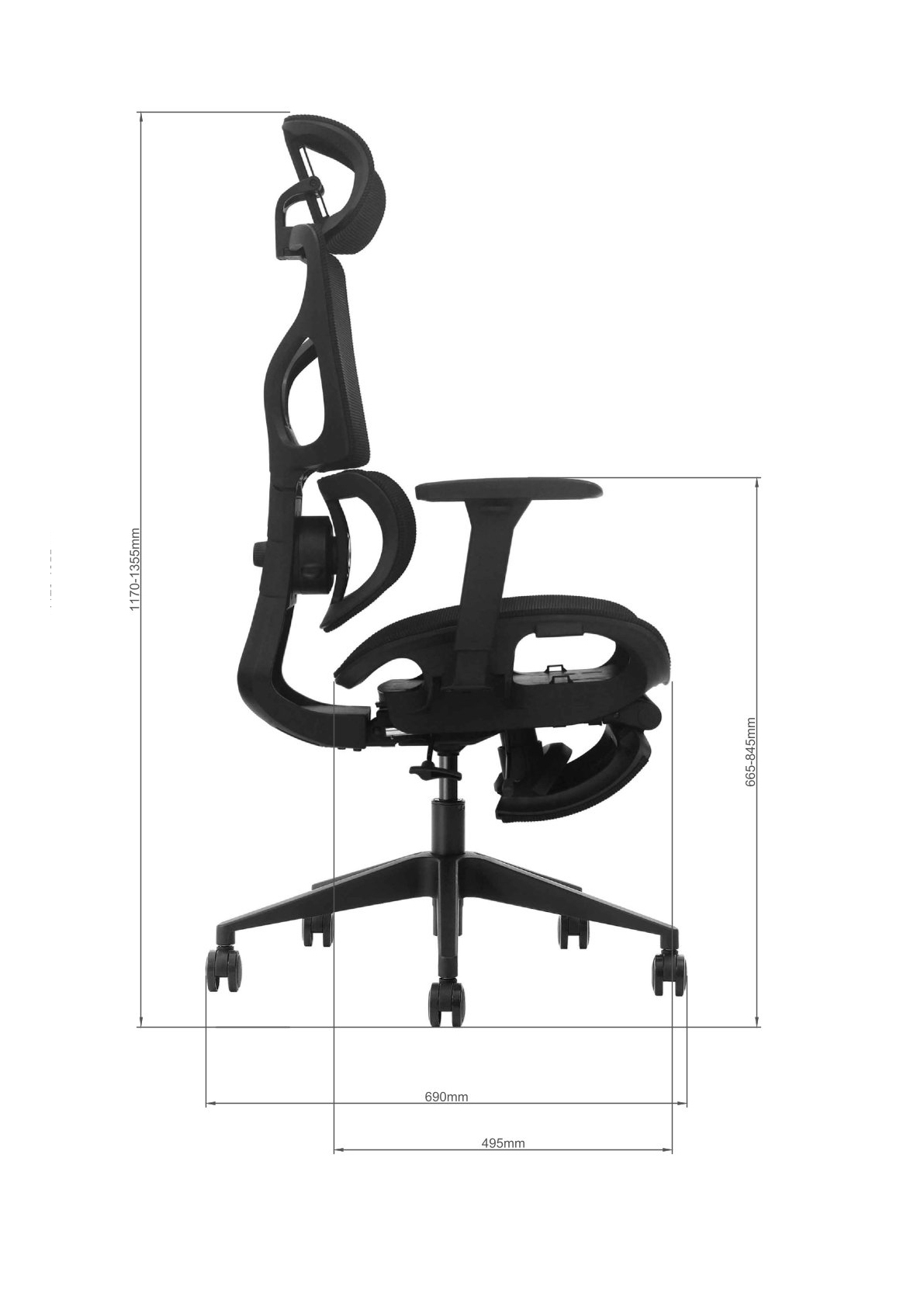 Schemat wymiarów fotela BIONIC AIR FR - widok z boku